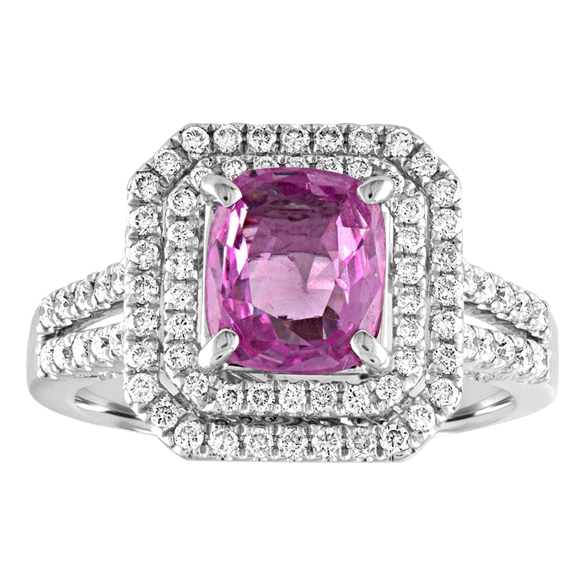 1.90 Carat Cushion Cut Pink Sapphire Diamond Gold Ring For Sale