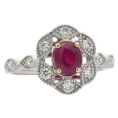 0.95 ct. Oval cut Ruby Diamond Halo Edwardian Engagement Ring in 14K Gold