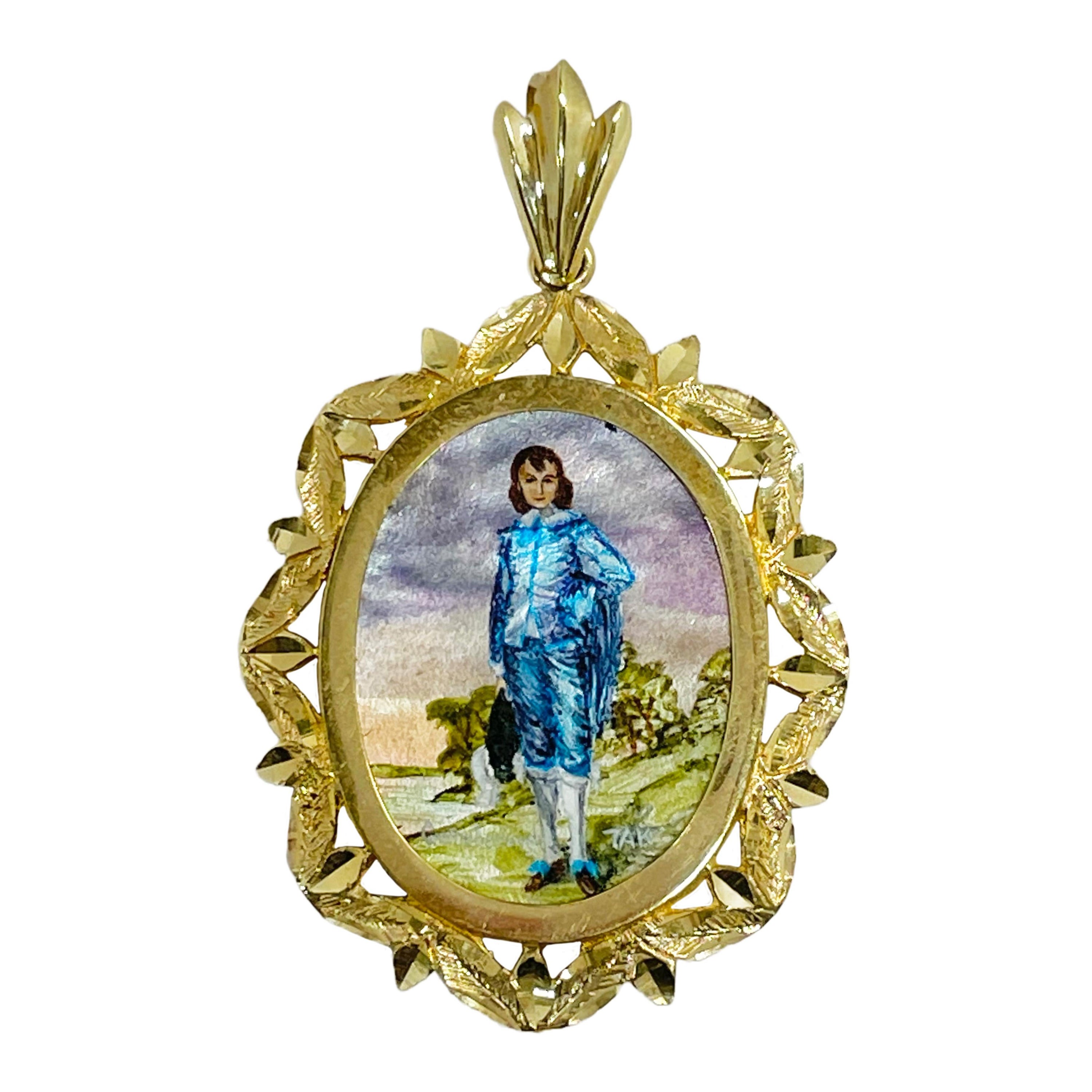 14 Karat 'Blue Boy' Masterpiece Hand Painted Mother of Pearl Pendant #0786 For Sale