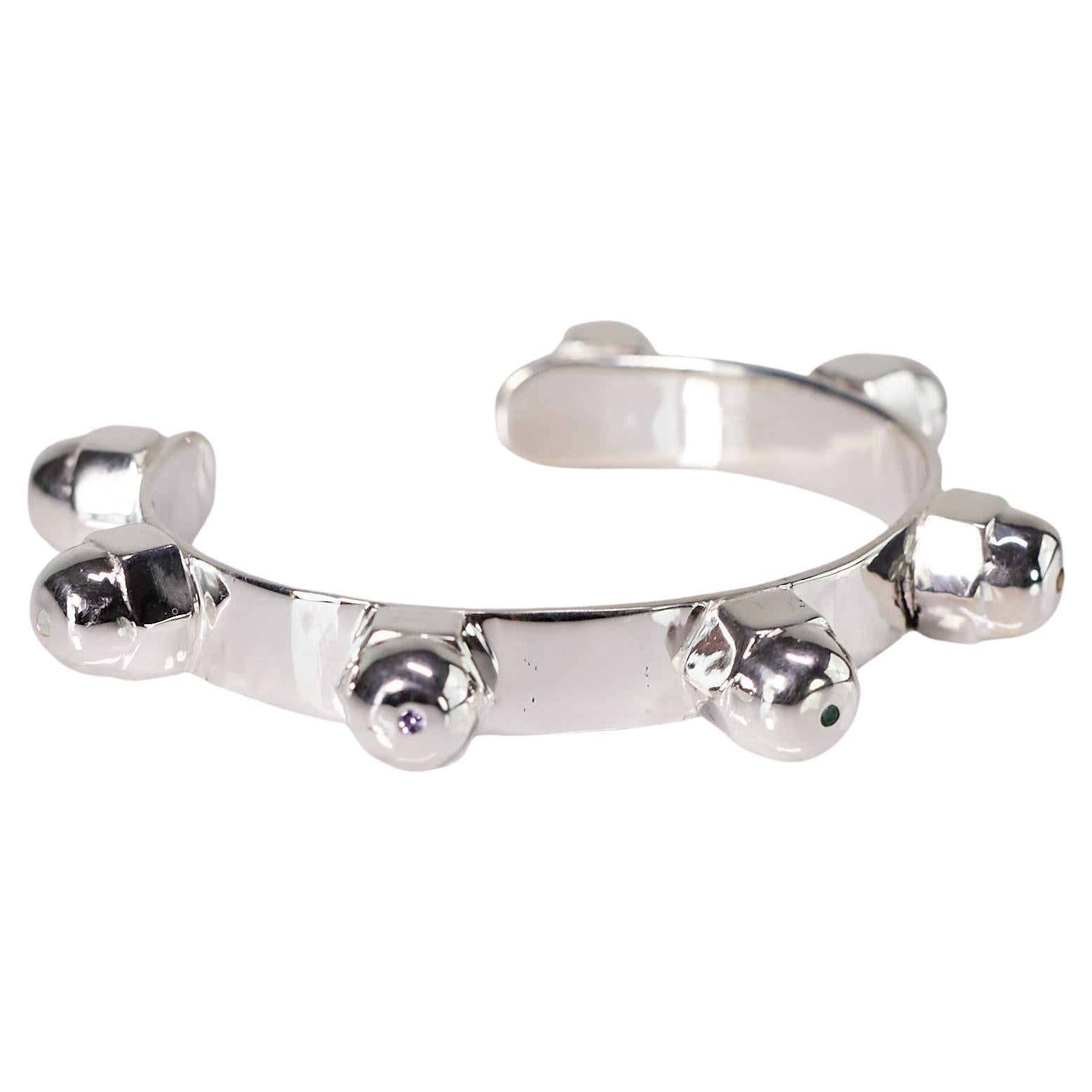 Bracelet Spiritual Cuff Bangle Sterling Silver White Diamond Emerald Sapphire For Sale