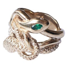 Bague serpent à double tête en bronze de style victorien avec émeraude et diamant blanc