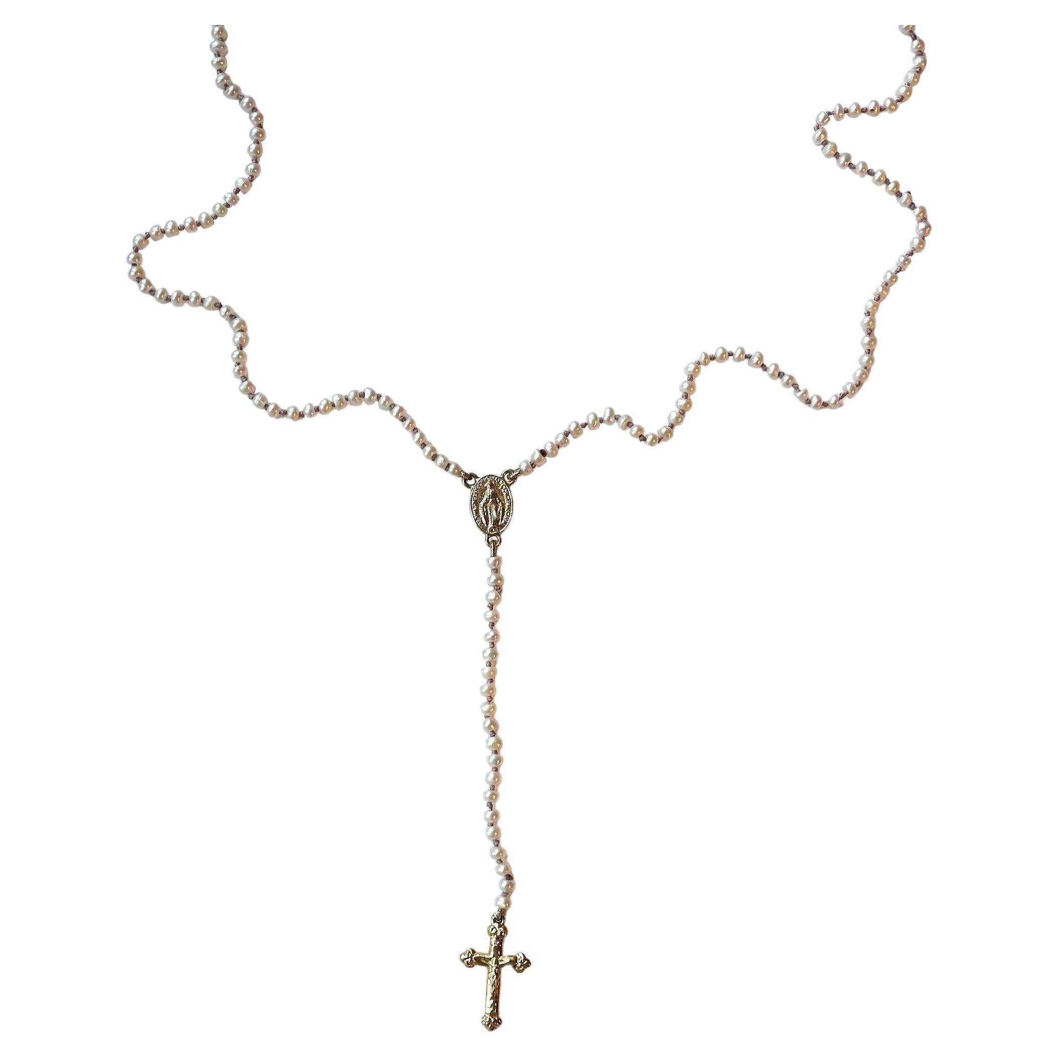 Rosario White Pearl Crucifix Cross Virgin Mary Gold Spiritual Religious Necklace For Sale