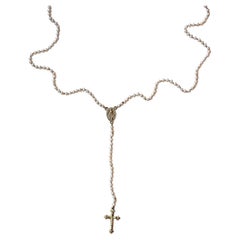 Rosario White Pearl Crucifix Cross Virgin Mary Gold Spiritual Religious Necklace