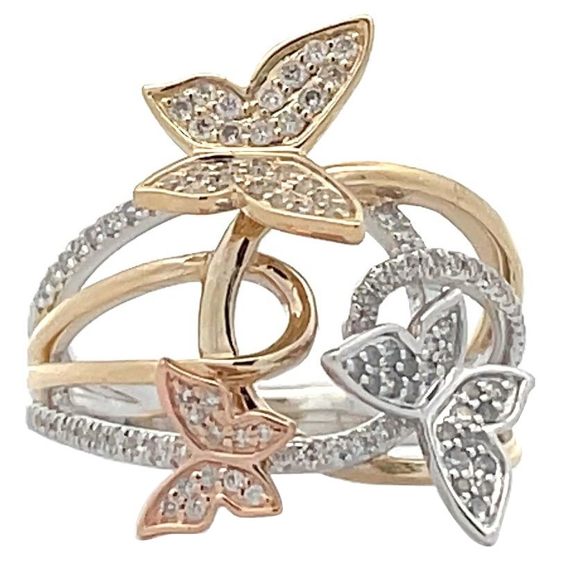 0.48 Ct. 3 Tone Multi-Strand Butterfly Fashion Ring in Tri-Color 14K Gold