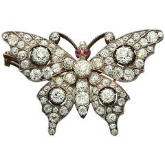 Antique 1880s Victorian Diamond Silver Gold Butterfly Brooch