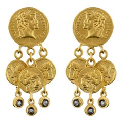 Diamond 24K Gold Chandelier Byzantine Coin Earrings by Kurtulan Jewellery