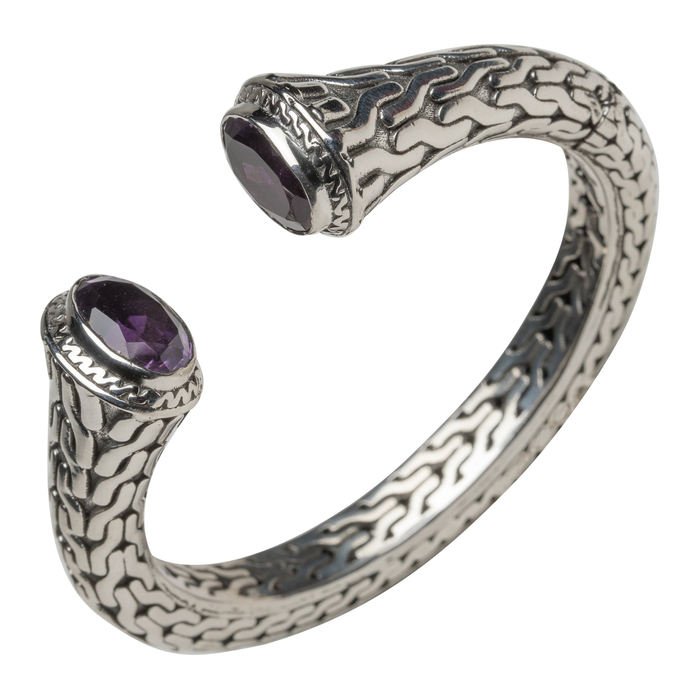 Sterling Silver and Amethyst Clamper Cuff Bracelet For Sale