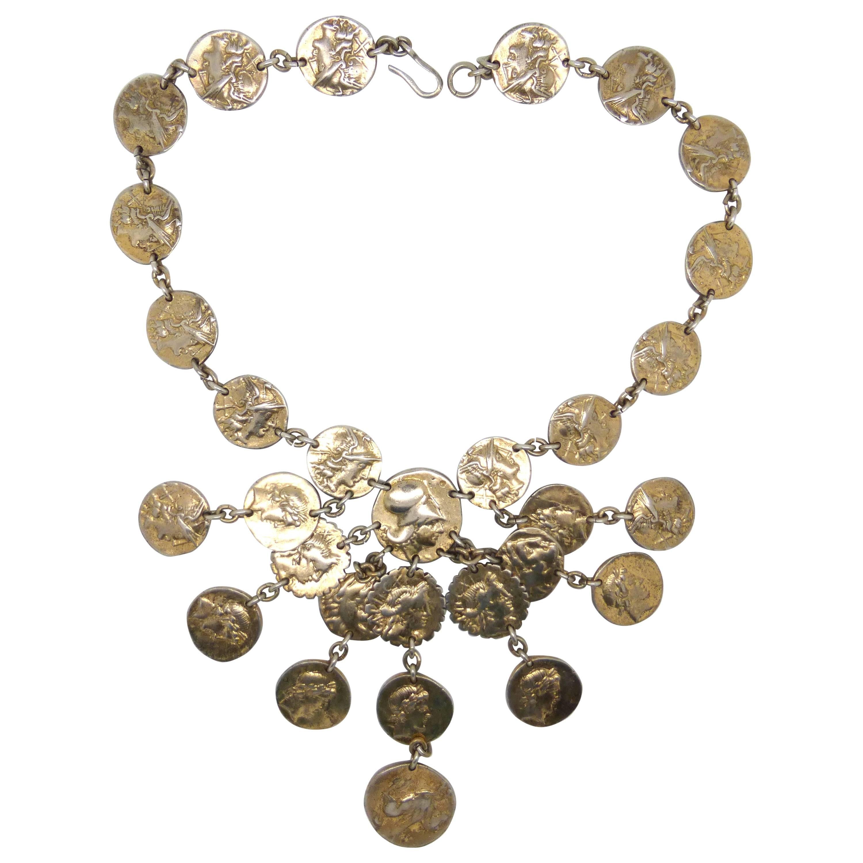 Nettie Rosenstein Sterling Silver Gilt Classical Greek "Drachma" Necklace