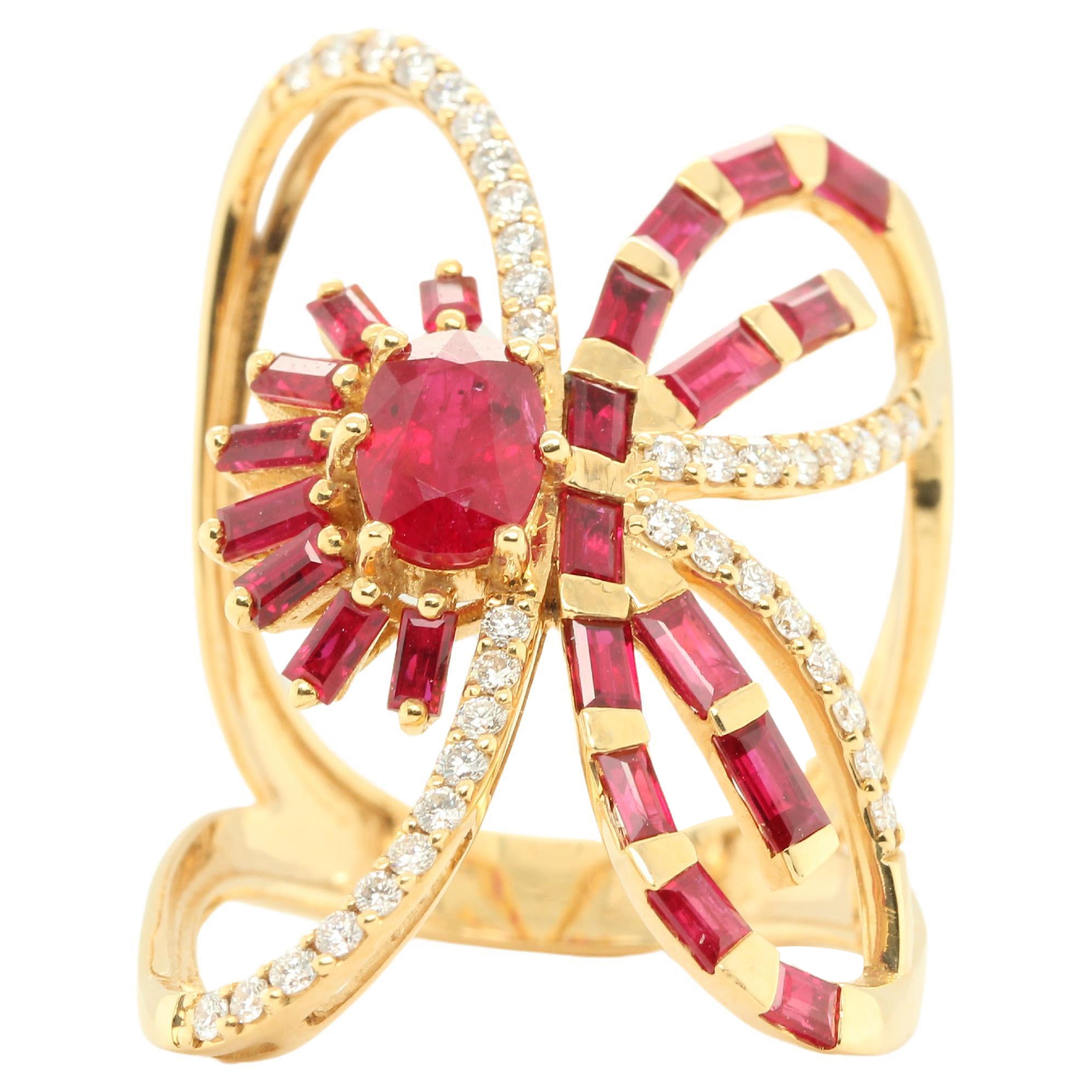 Ruby and Diamond Butterfly Ring in 18 Karat Gold For Sale