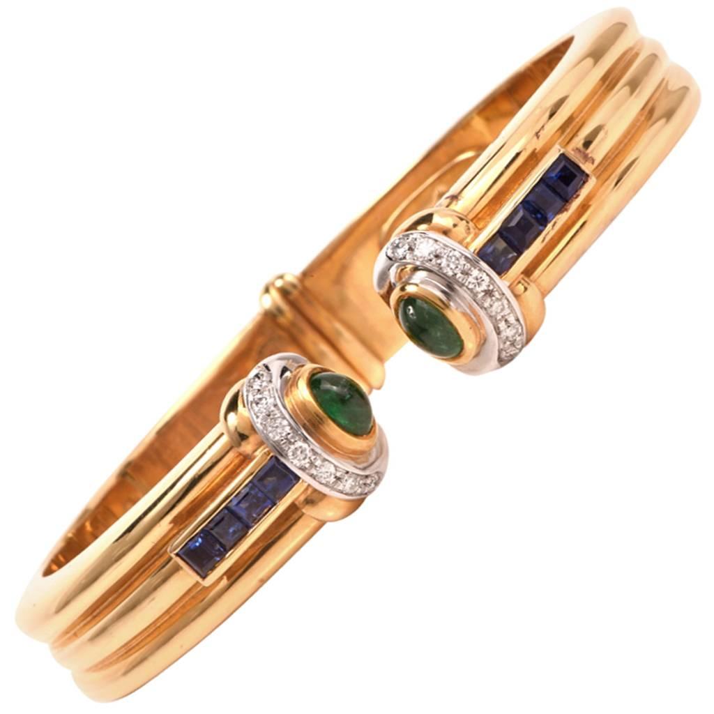1980s Valente Emerald Sapphire Diamond Gold Cuff Bracelet 