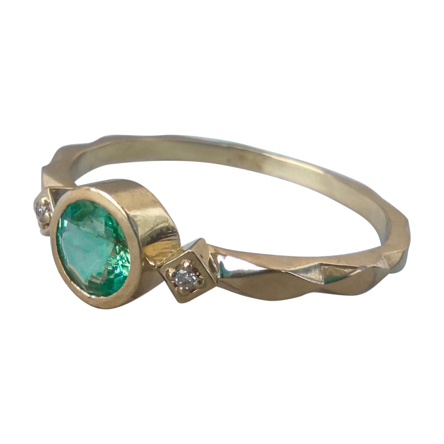 For Sale:  Round Emerald Ring in 14k Gold, Genuine Emerald Ring