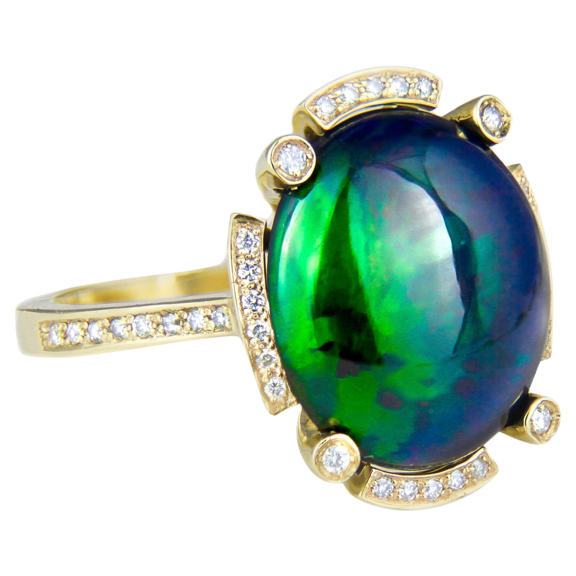 Black Opal and Diamonds Ring in 14k Gold. Gold Ring with Opal !