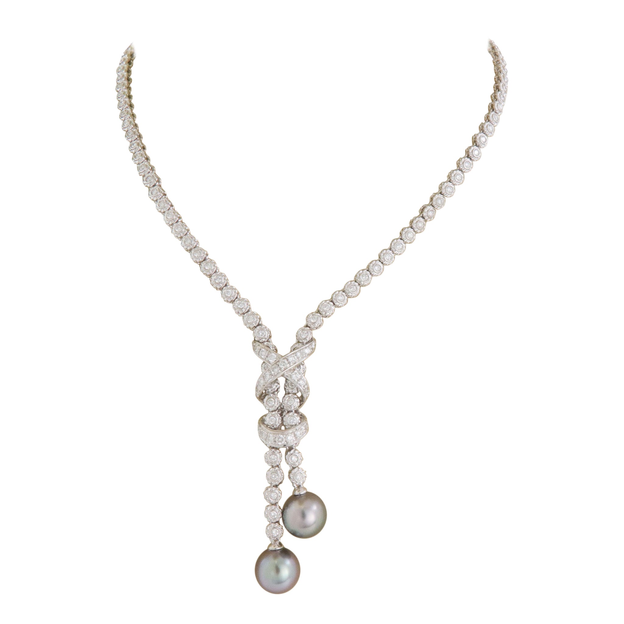 Andreoli Diamond Tahitian Pearls 18k White Gold Dangle Pendant Necklace In Excellent Condition In Boca Raton, FL