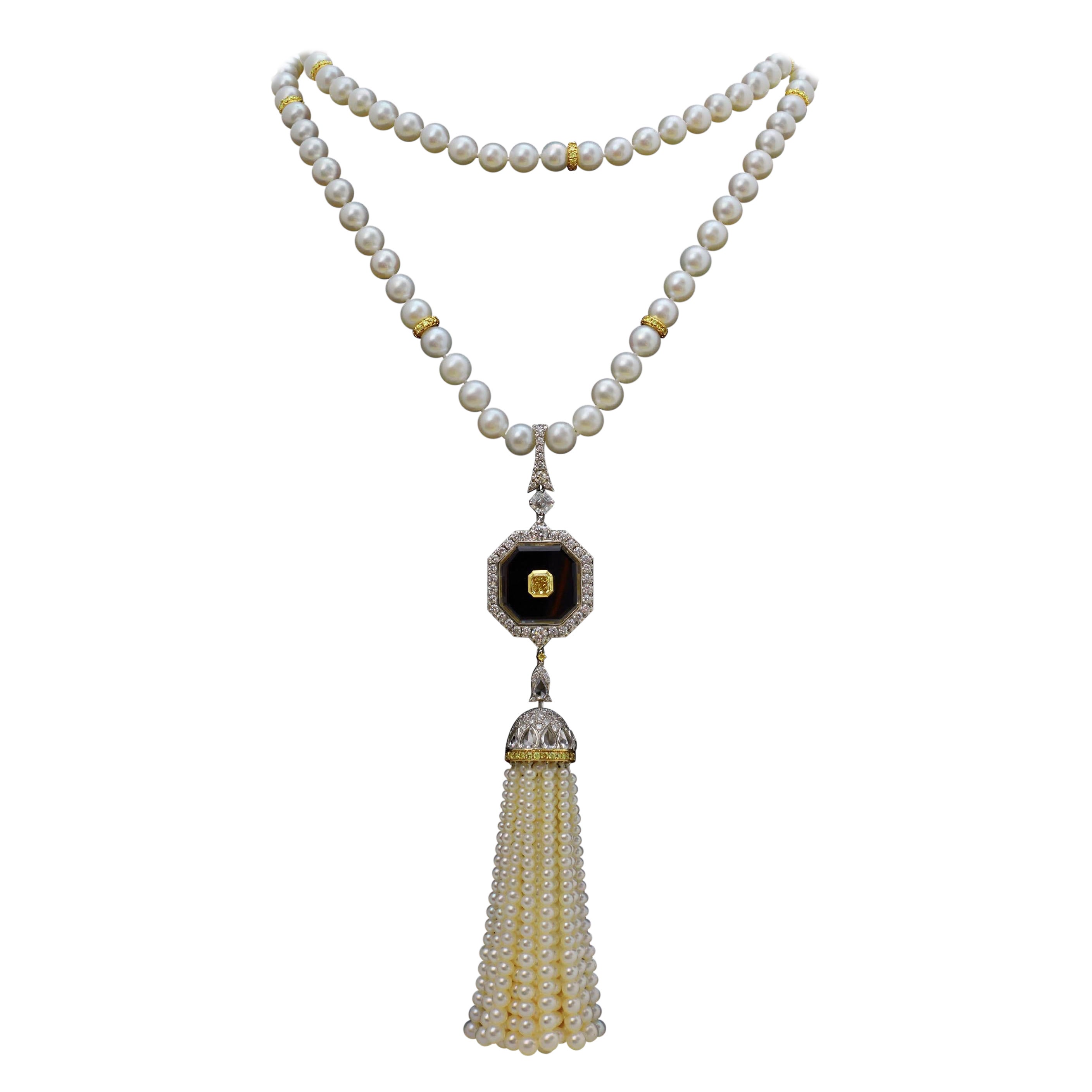 Halskette mit Quaste, 10,36 Karat lebhafte gelbe und weiße Diamanten und Perlen, 18 Karat Gold