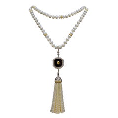 10.36 Carat Vivid Yellow & White Diamonds & Pearls Tassel Necklace, 18K Gold