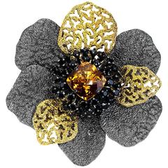 Citrine Black Spinel Silver Gold Platinum Textured Brooch Pendant Necklace Ltd E 2