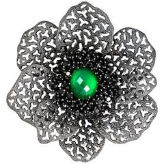 Green Agate White Quartz Black Spinel Textured Silver Brooch Pendant Necklace 8