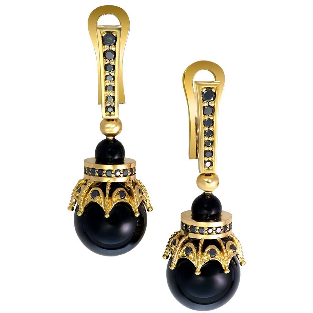 Black Diamonds Black Onyx Yellow Gold Crown Earrings Handmade in NYC Ltd Ed