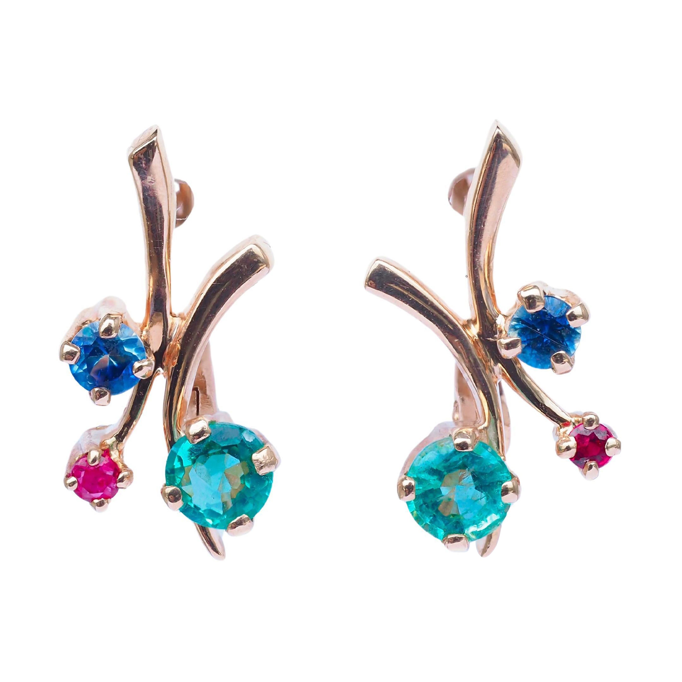 Emerald, sapphire, ruby earrings in 14k gold. Tiny gold earrings.  For Sale