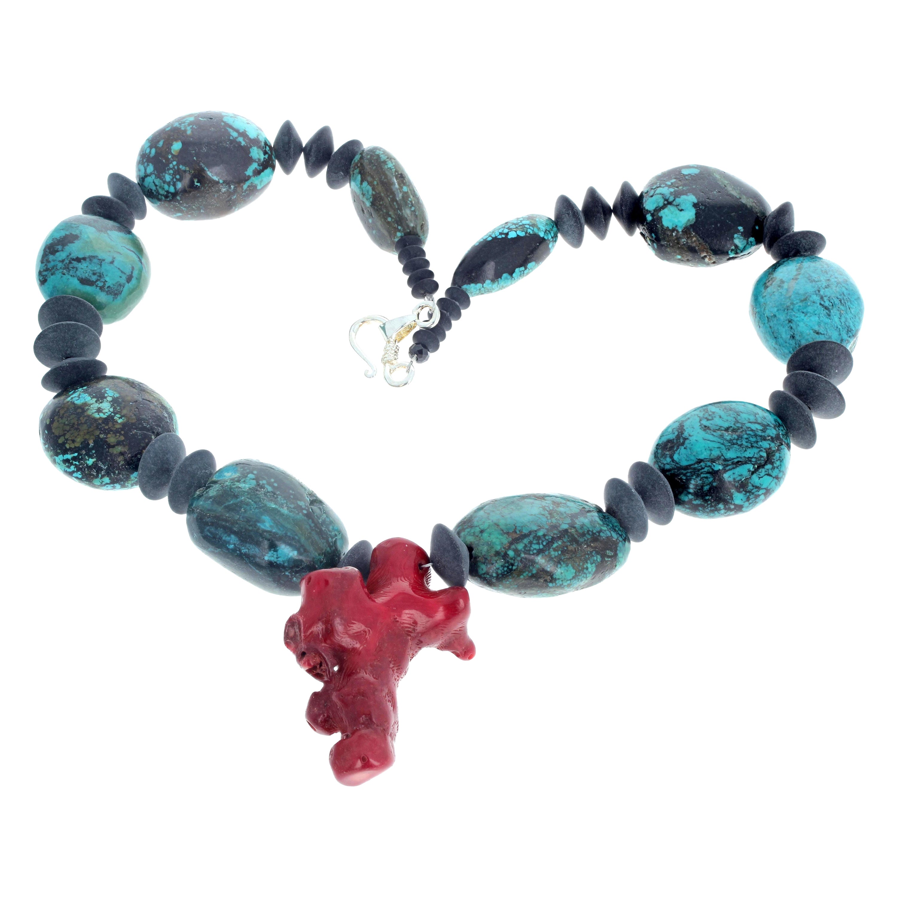 AJD Elegant Statement Turquoise, Onyx & Coral 20 1/2" Necklace For Sale