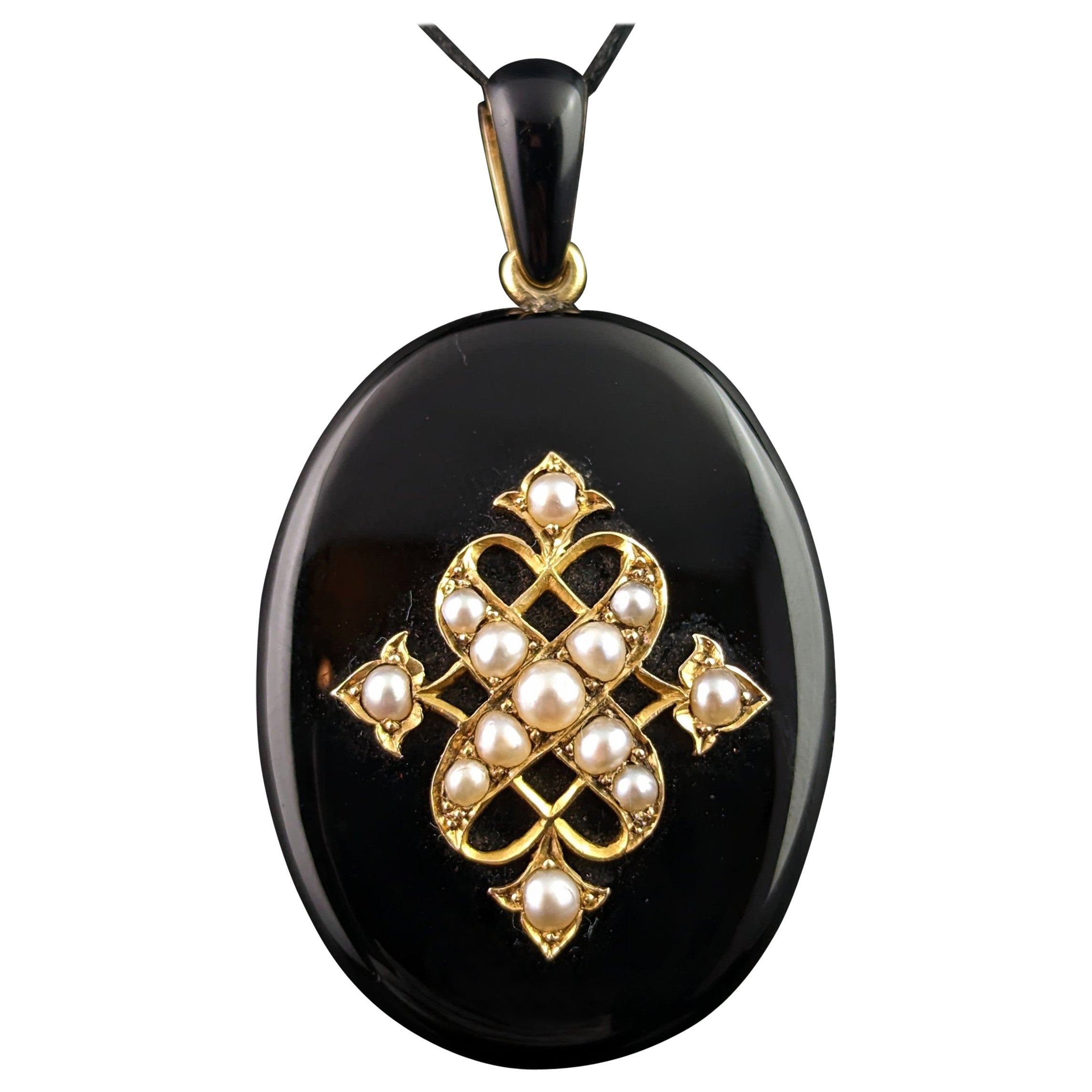 Antique Onyx and Pearl Mourning Locket, Victorian Pendant, 9k Gold