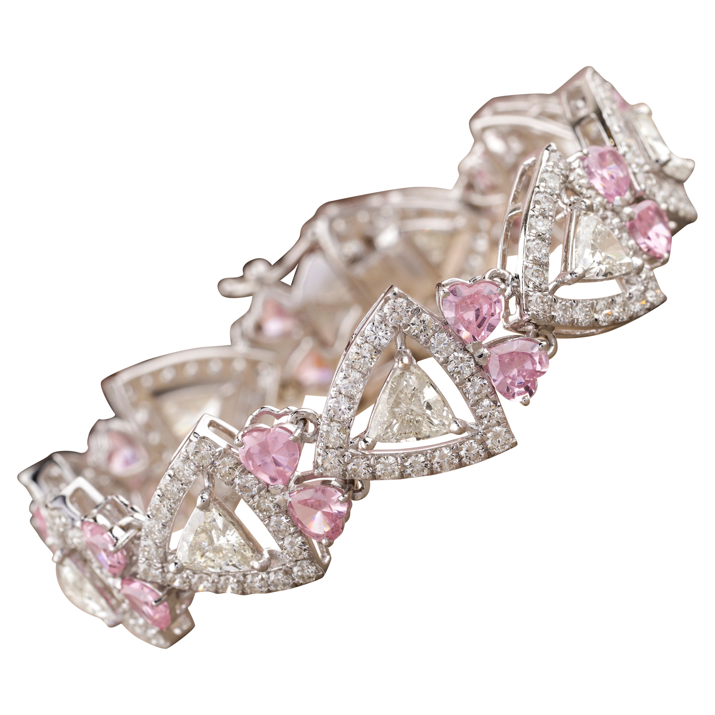Pink Tourmaline with Haloed Trillion Diamonds Bracelet in 18K Solid Gold For Sale