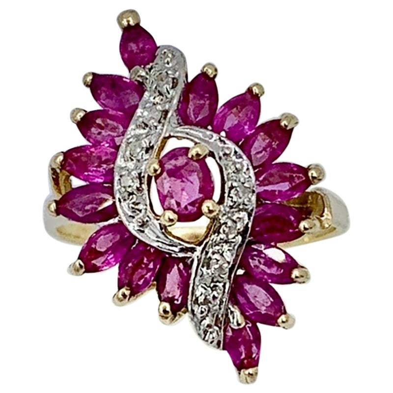 Marquise Ruby Diamond Waterfall Ballerina Ring Retro Cocktail Fashion Gold For Sale