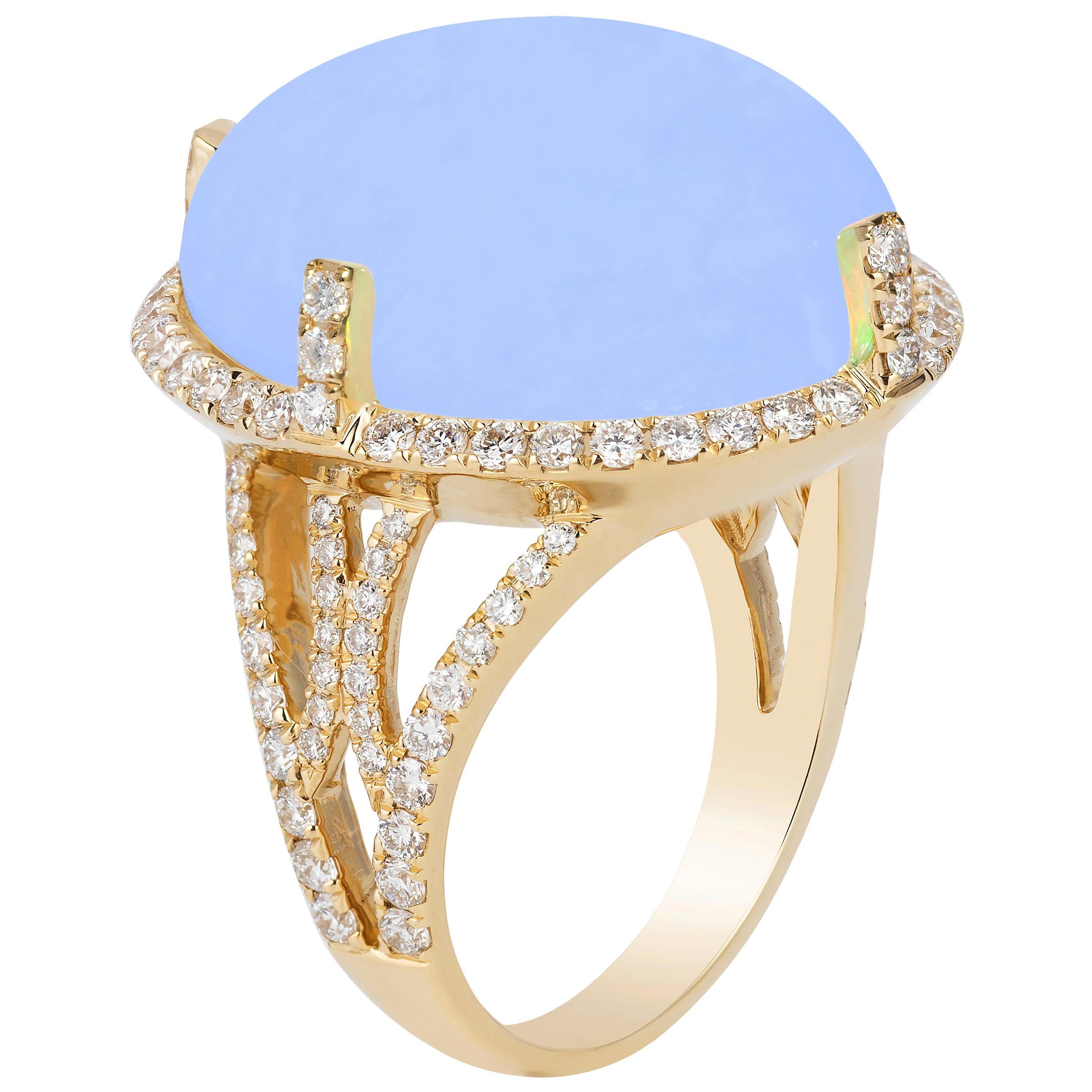 Goshwara Oval Cabochon Blue Chalcedony And Diamond Ring For Sale