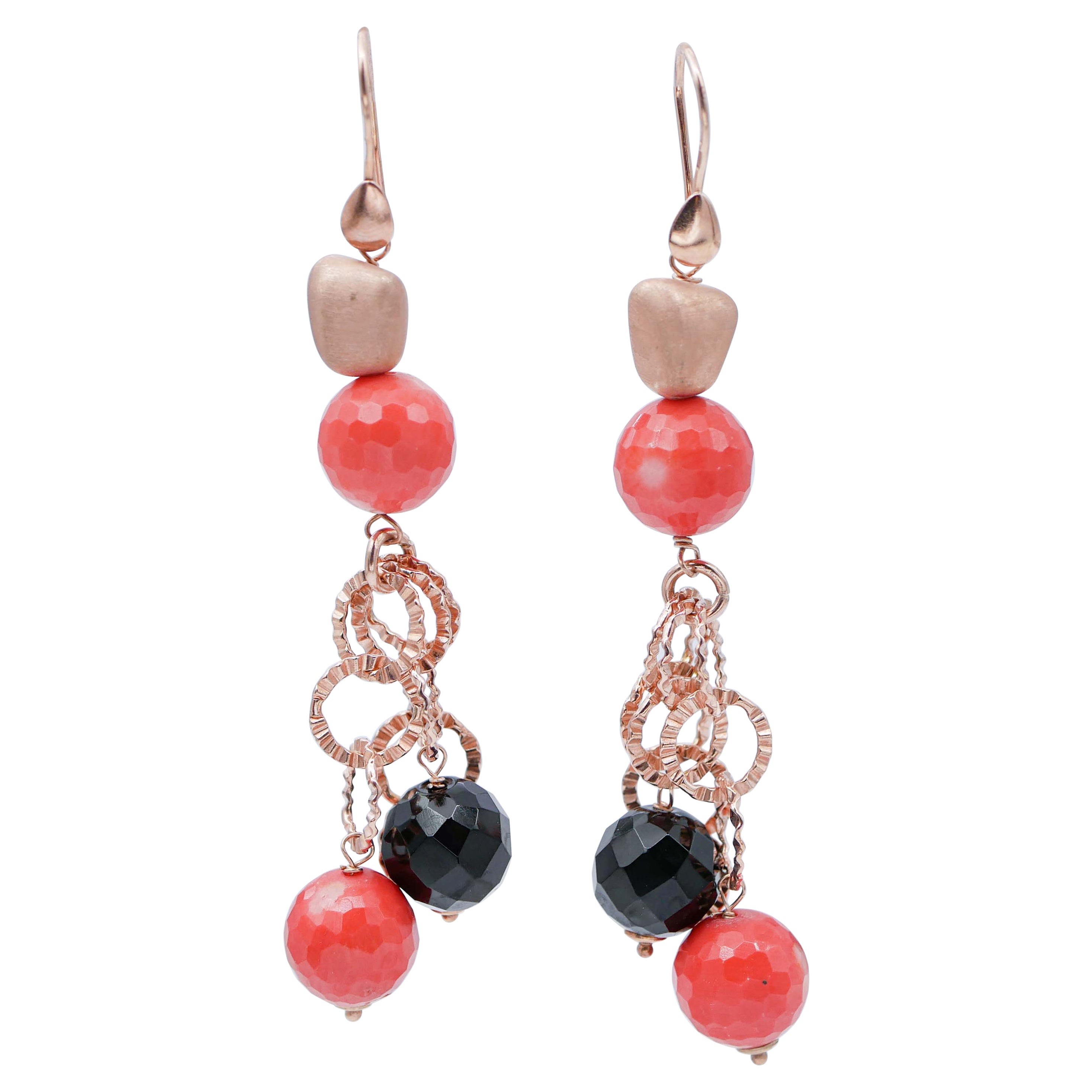 Coral, Onyx, Dangle Earrings