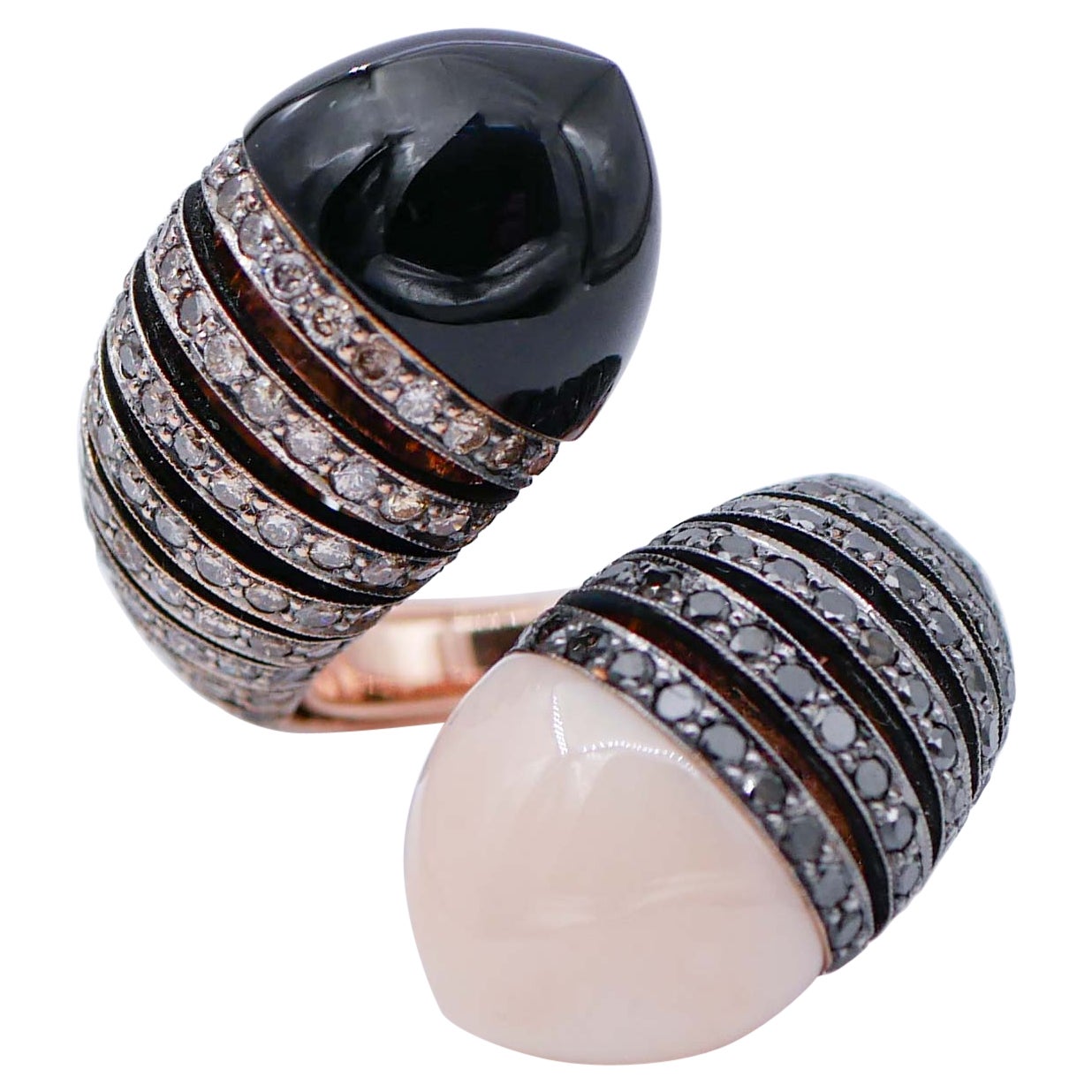 Coral, Onyx, Diamonds, 18 Karat White and Rose Gold Ring For Sale