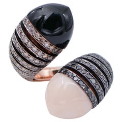 Coral, Onyx, Diamonds, 18 Karat White and Rose Gold Ring