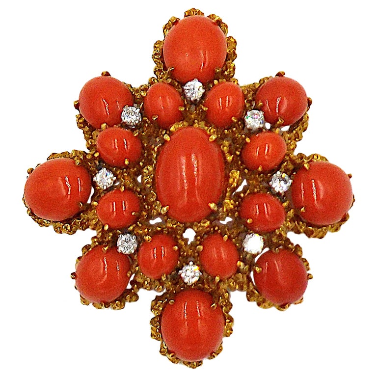 Broche Ancienne Or 18 Carats Avec Branche De Corail - Peau D'ange - Très Bon état (épingle Manquante)