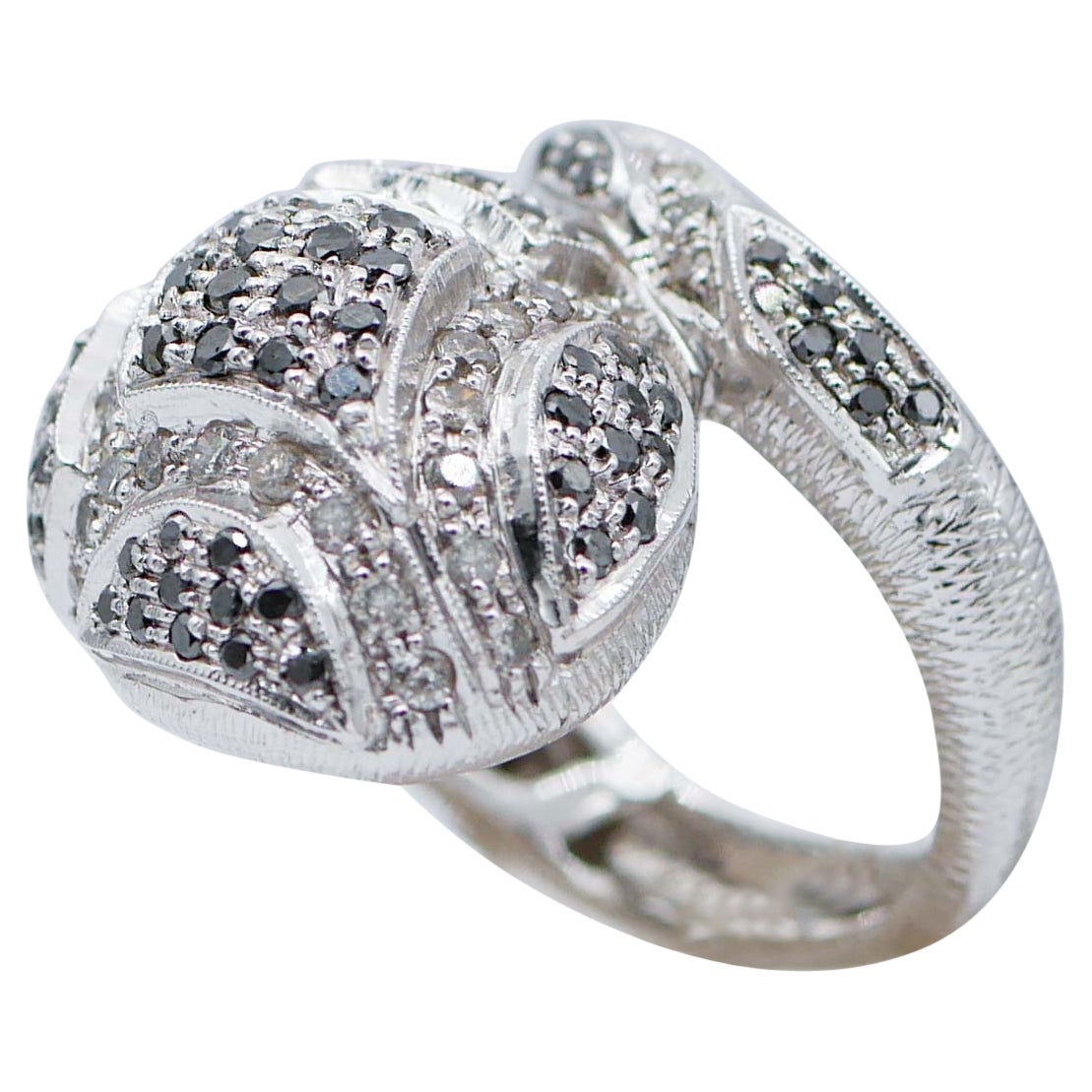 Black and White Diamonds, 14 Karat White Gold Snake Ring