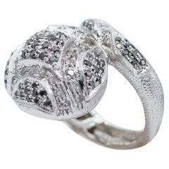 Vintage Black and White Diamonds, 14 Karat White Gold Snake Ring