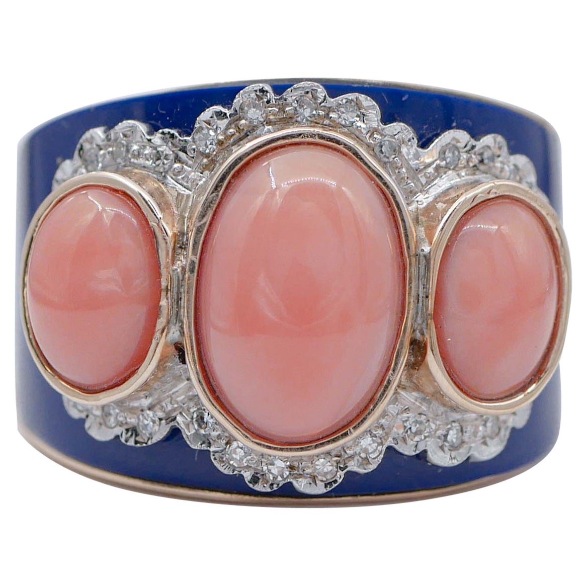 Coral, Diamonds, Lapis, 14 Karat Rose and White Gold Band Ring For Sale