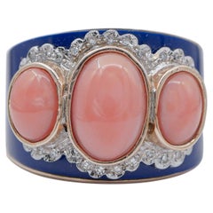 Anello a fascia in oro rosa e bianco 14 carati con corallo, diamanti e lapis