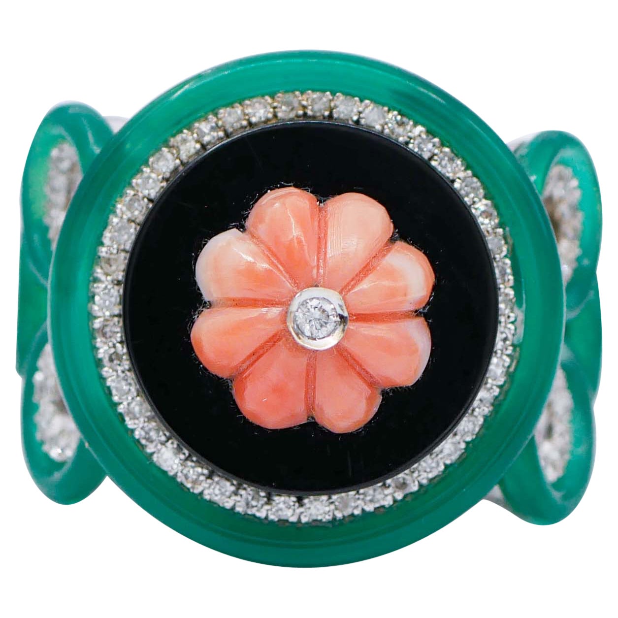 Coral, Onyx, Green Agate, Diamonds, 14 Karat White Gold Ring For Sale