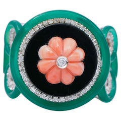 Vintage Coral, Onyx, Green Agate, Diamonds, 14 Karat White Gold Ring