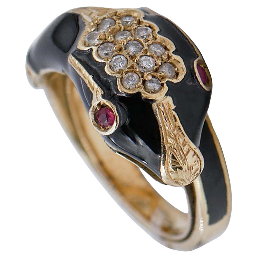 Rubies, Diamonds, Enamel, 18 Karat Yellow Gold Snake Ring For Sale