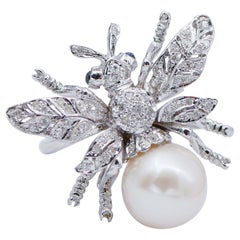 Pearl, Diamonds, Sapphires, 14 Karat White Gold Bee Ring