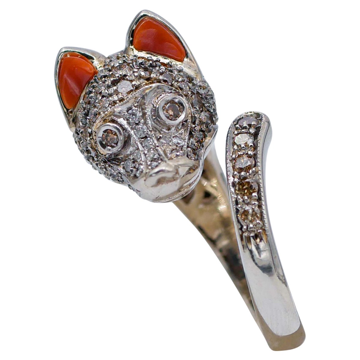 Coral, Chocolate Brown Diamonds, 14 Karat White Gold Wolf Ring For Sale