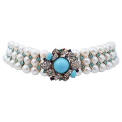 Pearls, Magnesite, Turquoise, Emeralds, Sapphires, Diamonds, Gold and Silver Nec