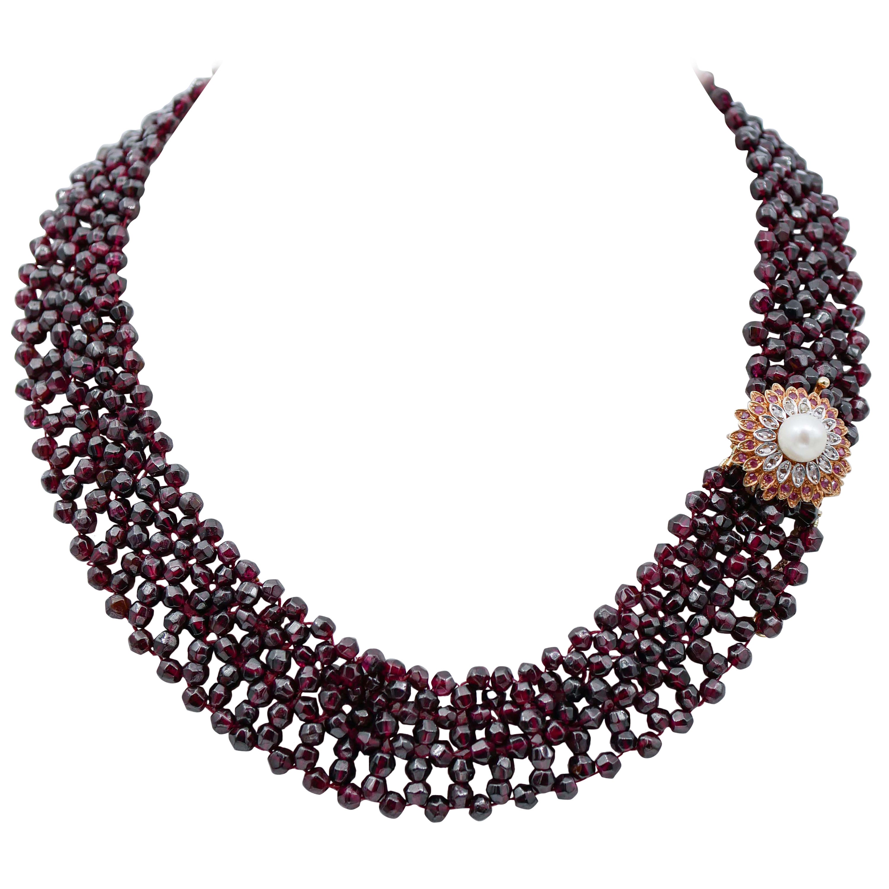 Garnets, Pearl, Rubies, Diamonds, Rose Gold and Silver Necklace For Sale