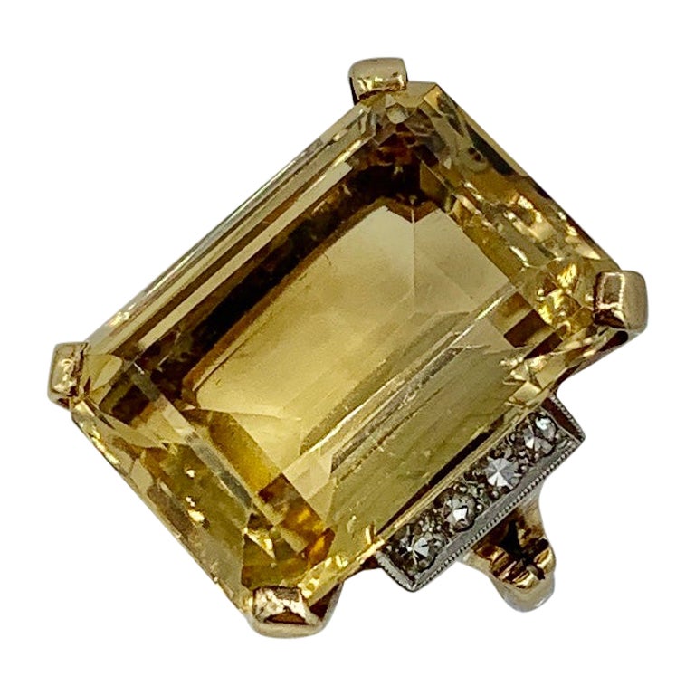 Retro 28 Carat Emerald Cut Citrine Ruby Diamond Ring 14 Karat Gold Art Deco For Sale