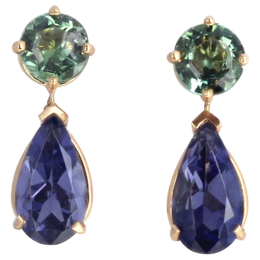 AJD Natural Glittering Iolite & Green Tourmaline Stud Gold Earrings For Sale