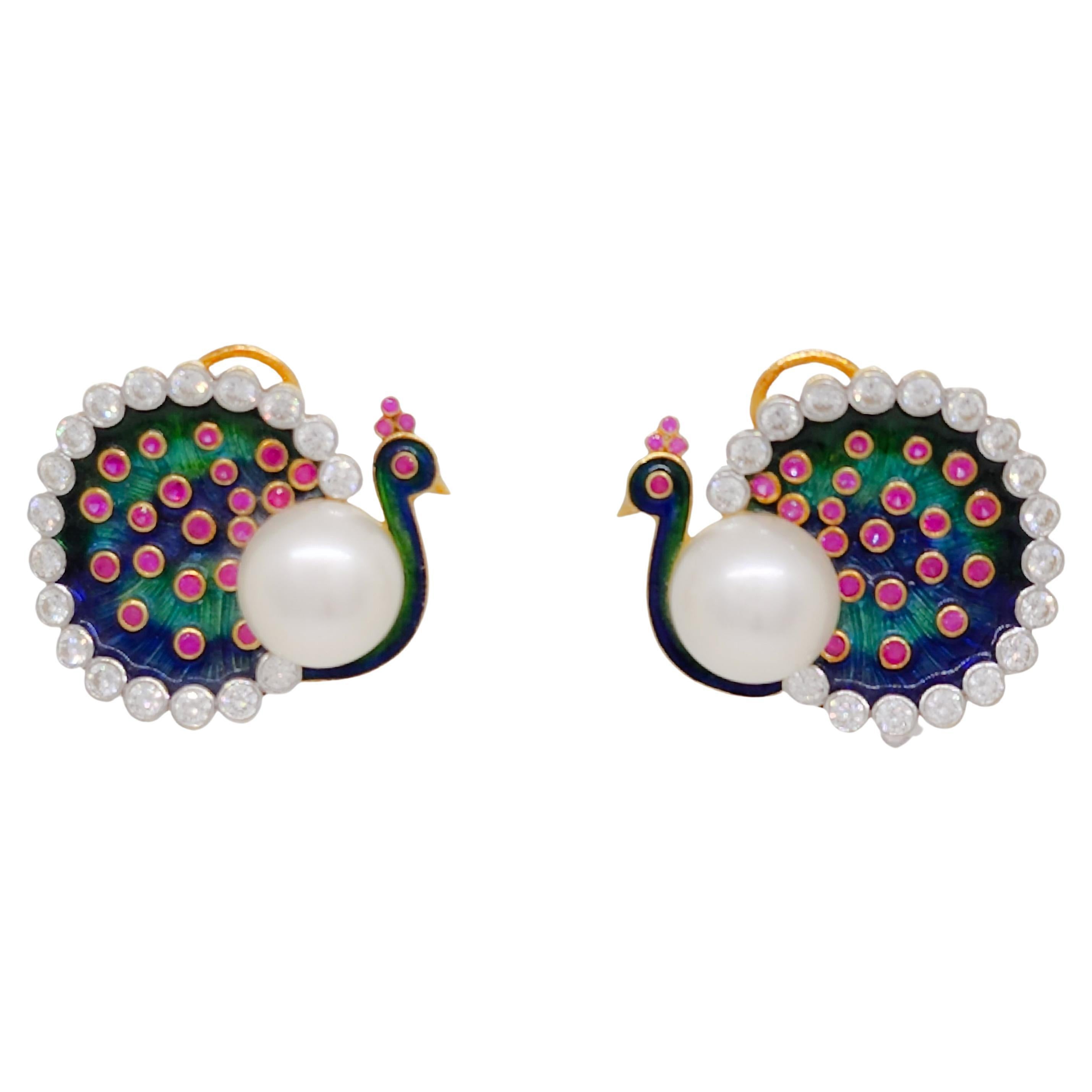 White Diamond, South Sea Pearl, and Enamel Peacock Earrings in 18k
