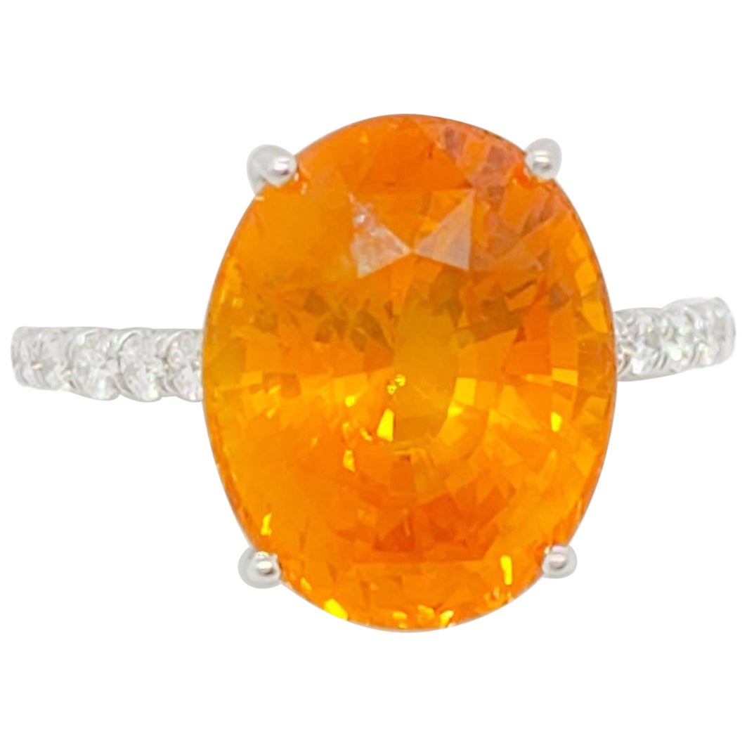 GIA Yellowish Orange Sapphire Oval and White Diamond Cocktail Ring in 18k For Sale