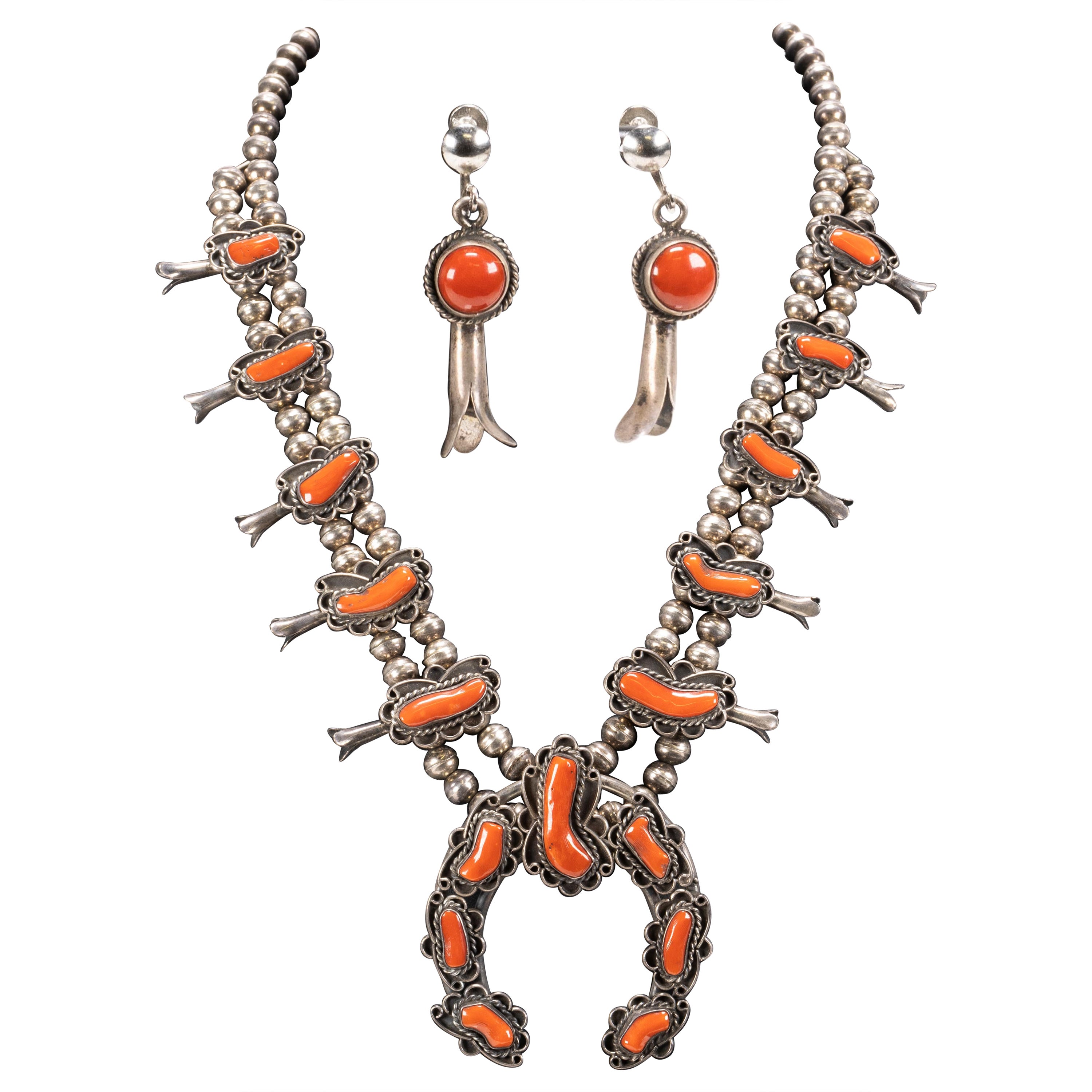 Navajo Coral Squash Blossom Necklace and Earrings For Sale