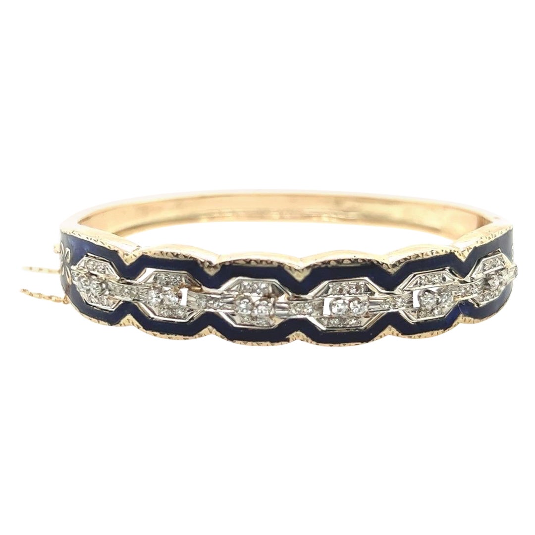Bracciale retrò in oro da 0,75 carati con diamante naturale a taglio singolo e smalto blu, circa 1960
