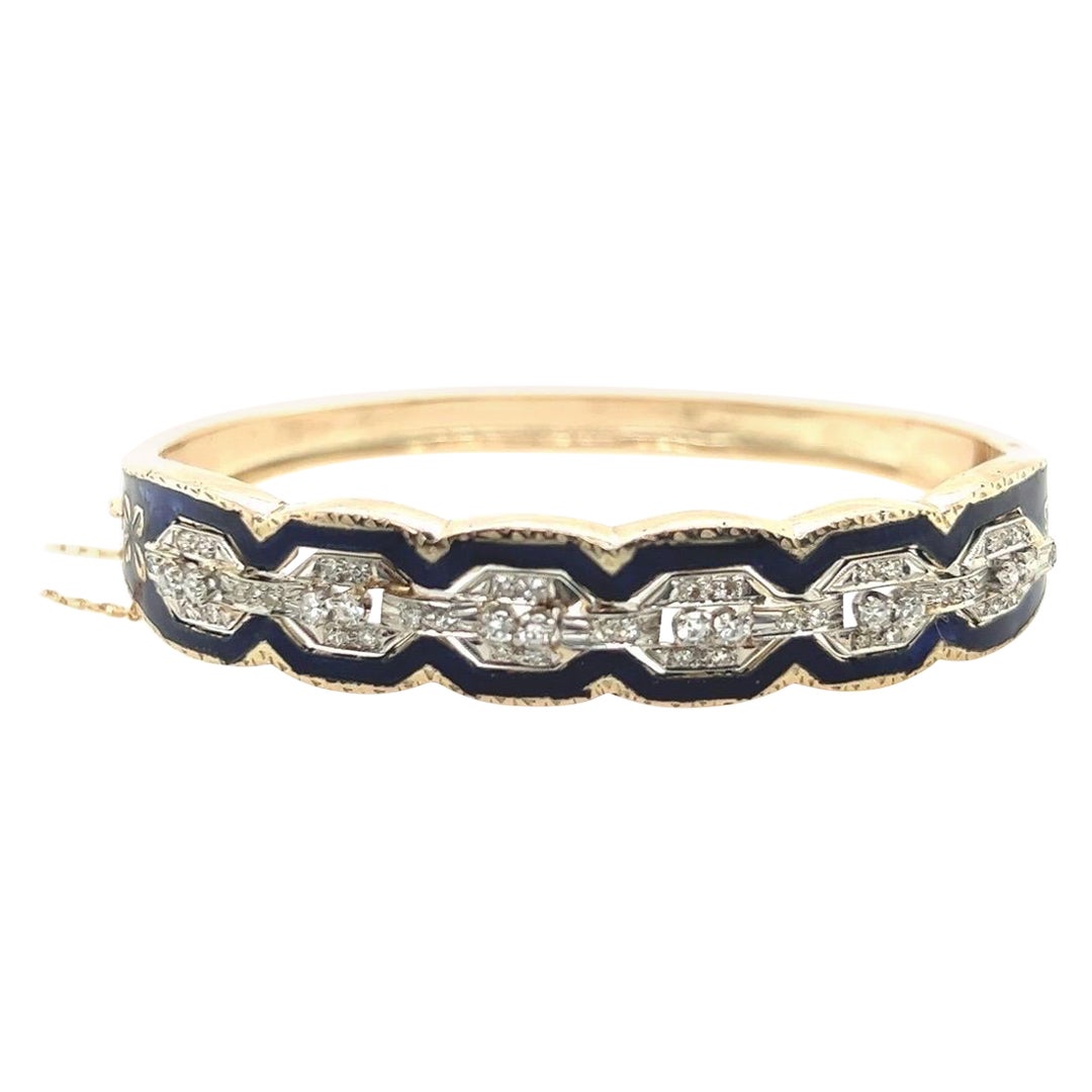 Retro Gold 0.75 Carat Natural Single Cut Diamond & Blue Enamel Bangle Circa 1960 For Sale